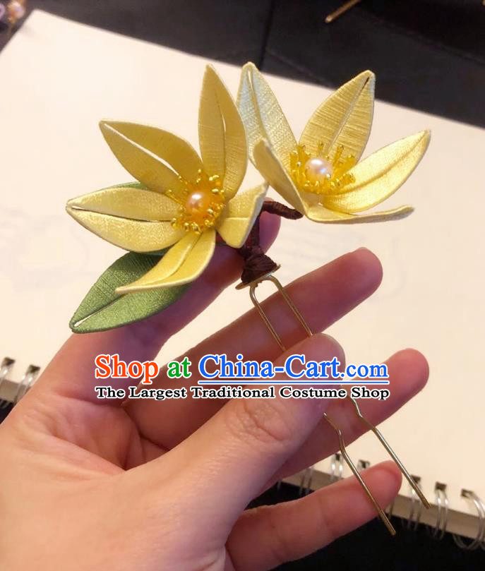 Chinese Ancient Court Lady Yellow Silk Flowers Hairpins Hair Accessories Handmade Tang Dynasty Hair Stick