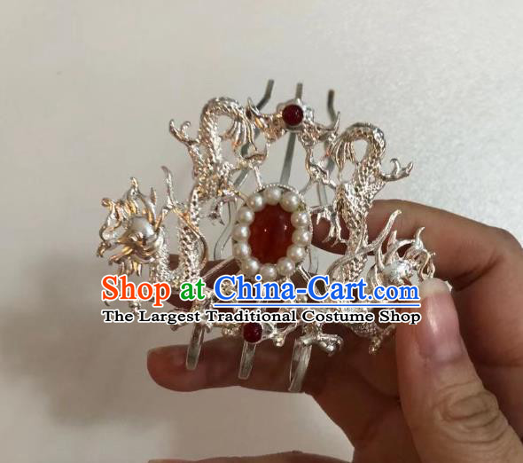 Chinese Ancient Empress Agate Dragons Hairpins Hair Accessories Handmade Ming Dynasty Palace Pearls Hair Crown