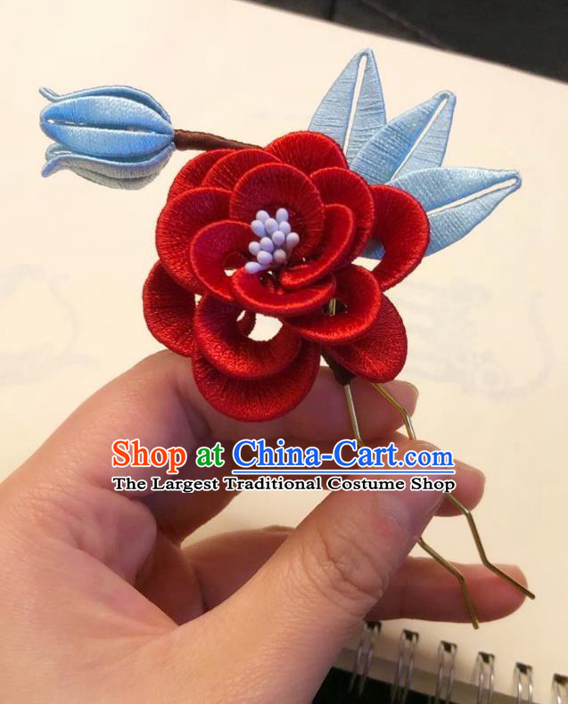 Chinese Ancient Court Lady Red Silk Camellia Hairpins Hair Accessories Handmade Tang Dynasty Blossom Hair Stick
