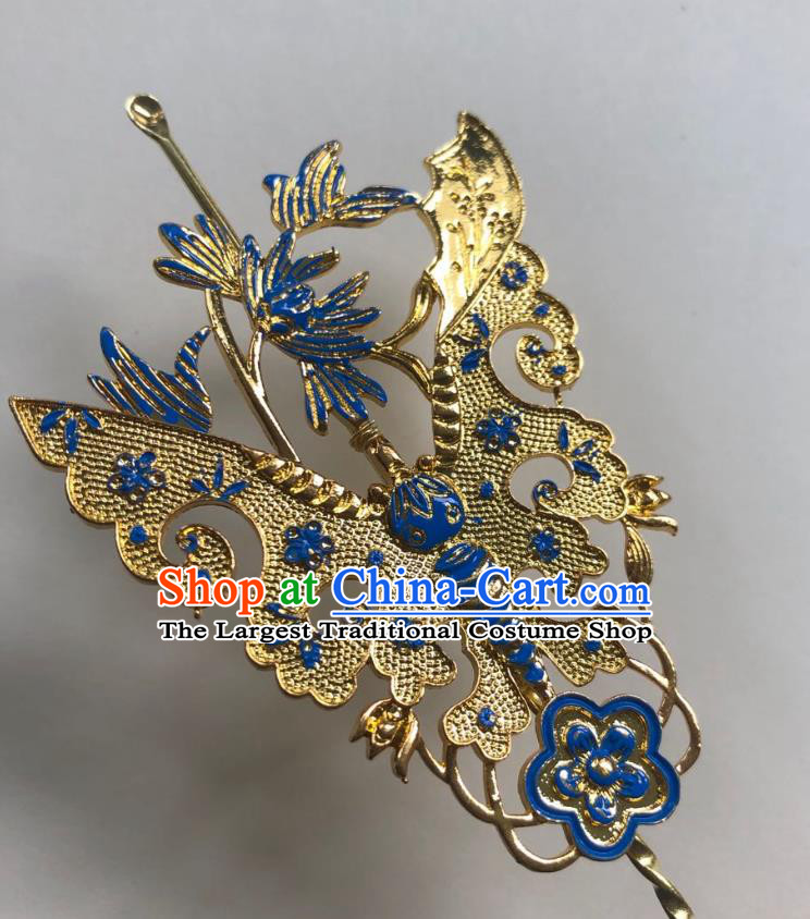 Chinese Ancient Palace Lady Blueing Butterfly Hairpins Hair Accessories Handmade Ming Dynasty Queen Golden Curette Hair Stick