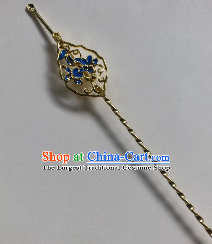 Chinese Ancient Palace Lady Blueing Flowers Hairpins Hair Accessories Handmade Ming Dynasty Queen Golden Curette Hair Stick