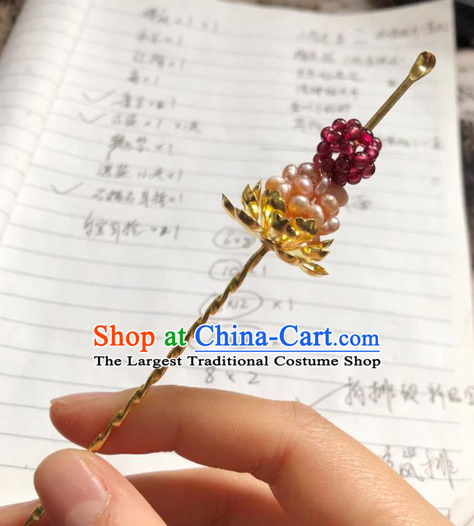 Chinese Ancient Palace Lady Pearls Hairpins Hair Accessories Handmade Ming Dynasty Queen Golden Lotus Curette Hair Stick