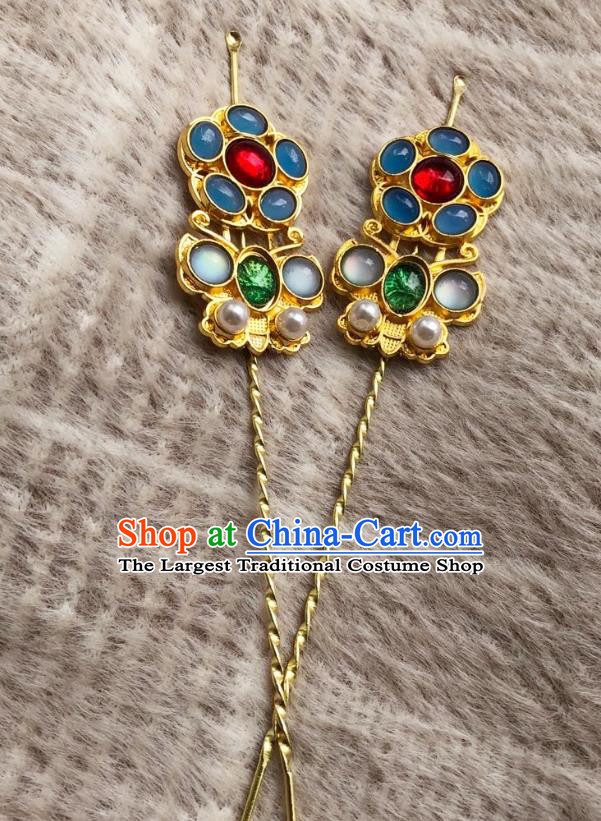Chinese Ancient Palace Lady Gems Hairpins Hair Accessories Handmade Ming Dynasty Queen Golden Butterfly Curette Hair Stick