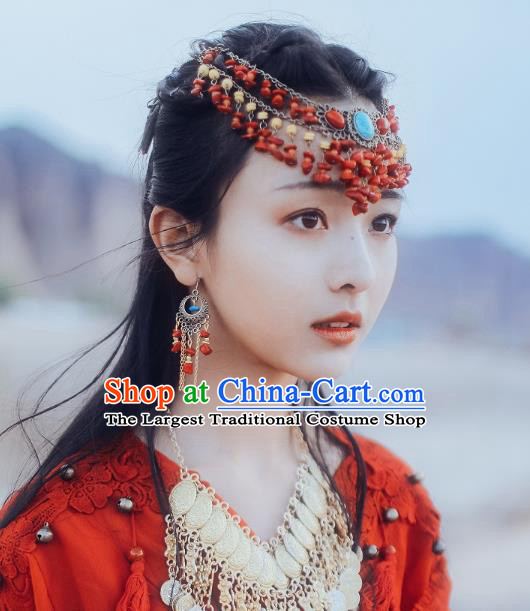Chinese Ancient Palace Red Beads Tassel Eyebrows Pendant Hairpins Hair Accessories Handmade Hair Clasp