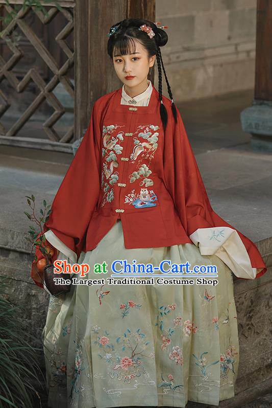 Chinese Ancient Noble Girl Hanfu Apparels Traditional Costumes Ming Dynasty Young Lady Embroidered Red Blouse and Skirt Full Set