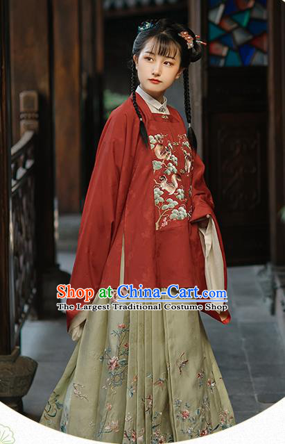 Chinese Ancient Noble Girl Hanfu Apparels Traditional Costumes Ming Dynasty Young Lady Embroidered Red Blouse and Skirt Full Set