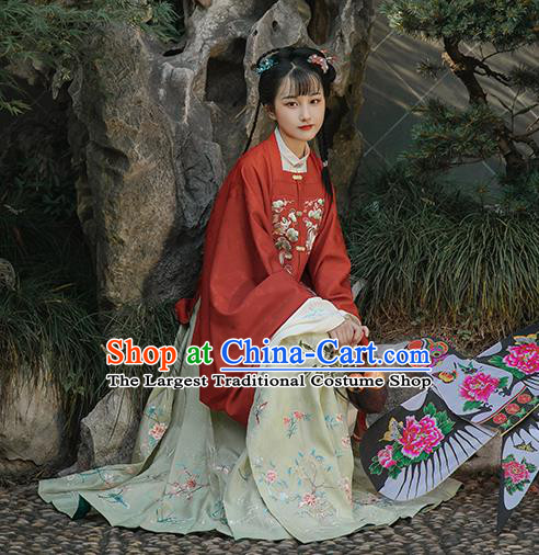 Chinese Ancient Noble Girl Hanfu Apparels Traditional Costumes Ming Dynasty Young Lady Embroidered Red Blouse and Skirt Full Set