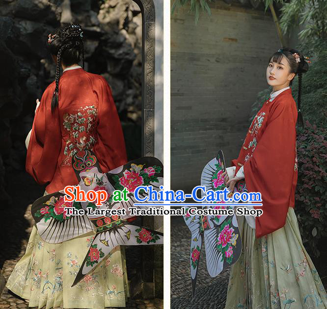 Chinese Ancient Noble Girl Hanfu Apparels Traditional Costumes Ming Dynasty Young Lady Embroidered Red Blouse and Skirt Full Set