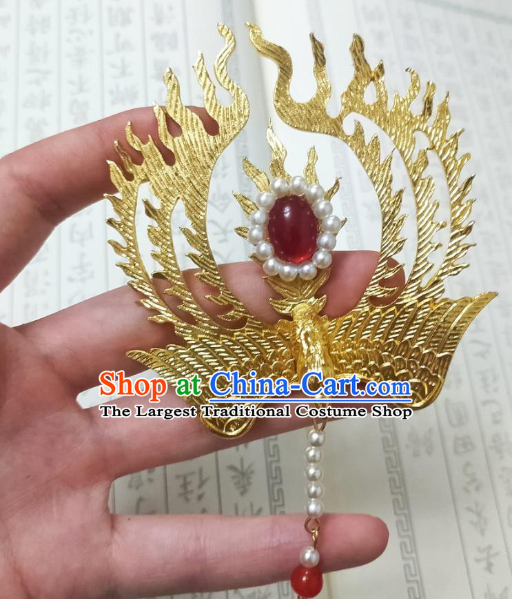 Chinese Ancient Empress Golden Phoenix Hair Crown Hairpins Hair Accessories Handmade Ming Dynasty Palace Pearl Tassel Hair Stick