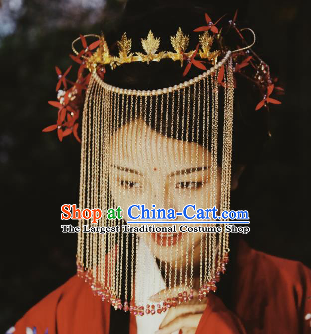 Chinese Classical Wedding Handmade Tassel Face Mask and Headwear Ancient Ming Dynasty Princess Hanfu Hair Accessories Full Set