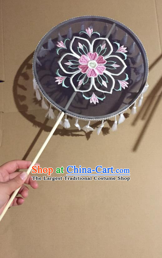 Chinese Classical Wedding Black Silk Fans Handmade Tassel Round Fan Ancient Tang Dynasty Princess Hanfu Embroidered Palace Fan