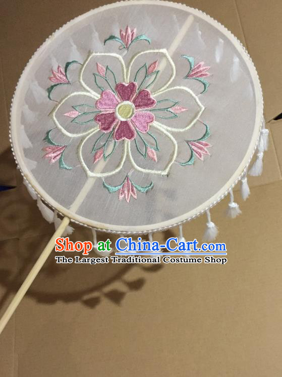 Chinese Classical Wedding White Tassel Silk Fans Handmade Round Fan Ancient Tang Dynasty Princess Hanfu Embroidered Palace Fan