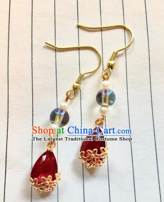 Handmade Chinese Classical Eardrop Ear Accessories Ancient Ming Dynasty Princess Hanfu Red Crystal Earrings