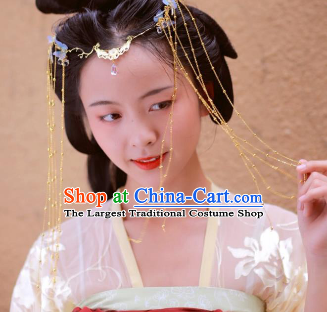 Chinese Ancient Empress Golden Tassel Hair Clasp Hairpins Hair Accessories Handmade Tang Dynasty Palace Frontlet Hair Stick