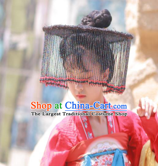 Chinese Classical Handmade Black Beads Tassel Hat Ancient Ming Dynasty Princess Hanfu Headwear