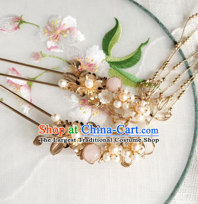 Chinese Ancient Empress Pink Chalcedony Hairpins Hair Accessories Handmade Ming Dynasty Hanfu Golden Tassel Pearls Hair Stick