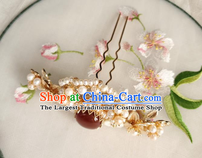 Chinese Ancient Empress Red Stone Hair Crown Hairpins Hair Accessories Handmade Ming Dynasty Hanfu Pearls Hair Stick