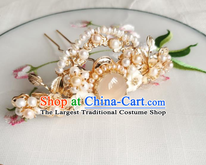 Chinese Ancient Empress Chalcedony Hair Crown Hairpins Hair Accessories Handmade Ming Dynasty Hanfu Pearls Hair Stick