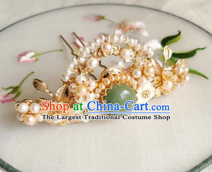 Chinese Ancient Empress Green Chalcedony Hair Crown Hairpins Hair Accessories Handmade Ming Dynasty Hanfu Pearls Hair Stick