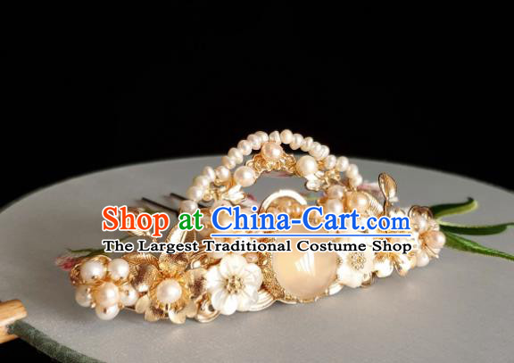 Chinese Ancient Empress Chalcedony Hair Crown Hairpins Hair Accessories Handmade Ming Dynasty Hanfu Pearls Hair Stick