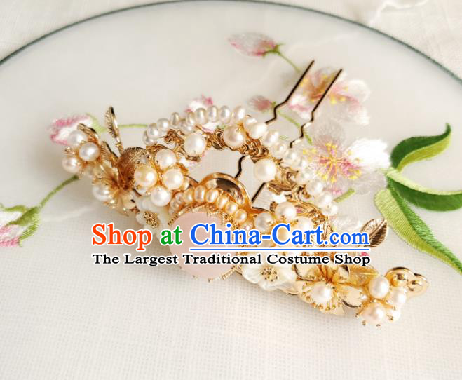 Chinese Ancient Empress Pink Chalcedony Hair Crown Hairpins Hair Accessories Handmade Ming Dynasty Hanfu Pearls Hair Stick