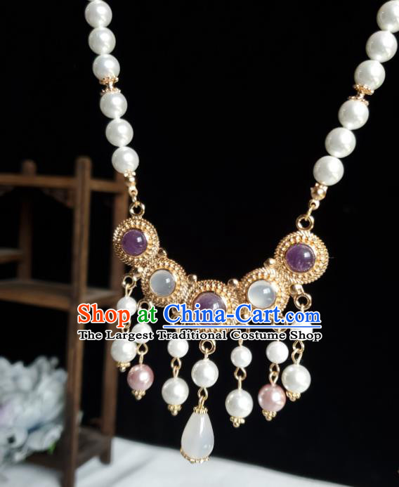 Chinese Handmade Pearls Necklet Classical Jewelry Accessories Ancient Princess Hanfu Amethyst Necklace for Women