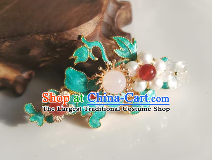 Chinese Ancient Princess Blueing Jasminum Hair Stick Hair Accessories Handmade Ming Dynasty Hanfu Golden Tassel Pearls Hairpins