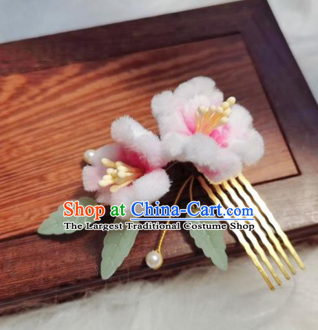 Chinese Ancient Qing Dynasty Pink Peach Blossom Hair Comb Handmade Hair Accessories Hanfu Princess Velvet Flowers Hairpins