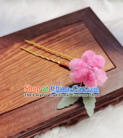 Chinese Ancient Qing Dynasty Pink Peach Blossom Hair Stick Handmade Hair Accessories Hanfu Princess Velvet Flowers Hairpins