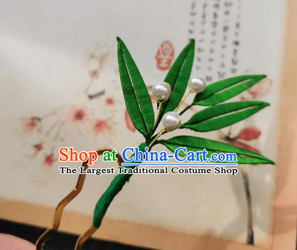 Chinese Classical Green Silk Bamboo Leaf Hair Stick Handmade Hanfu Hair Accessories Ancient Song Dynasty Court Lady Hairpins