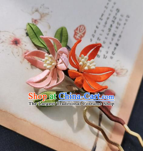 Chinese Classical Silk Peach Blossom Hair Stick Handmade Hanfu Hair Accessories Ancient Song Dynasty Court Flowers Hairpins
