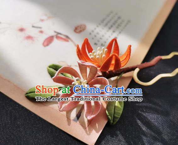Chinese Classical Silk Peach Blossom Hair Stick Handmade Hanfu Hair Accessories Ancient Song Dynasty Court Flowers Hairpins