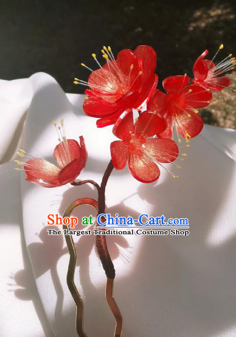 Chinese Classical Plum Blossom Hair Stick Handmade Hanfu Hair Accessories Ancient Song Dynasty Court Lady Red Flowers Hairpins
