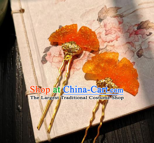 Chinese Classical Golden Hair Stick Handmade Hanfu Hair Accessories Ancient Song Dynasty Ginkgo Leaf Hairpins