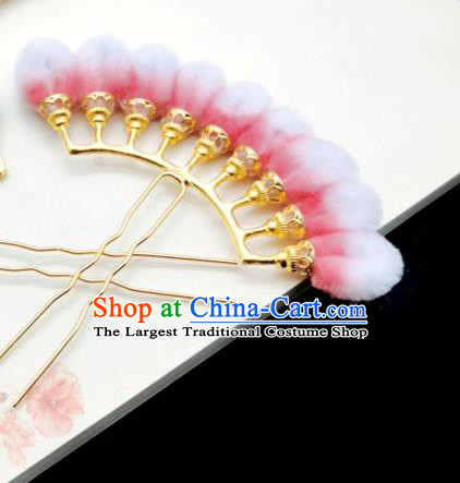 Chinese Classical Pink Velvet Hair Stick Handmade Hanfu Hair Accessories Ancient Ming Dynasty Palace Lady Hairpins