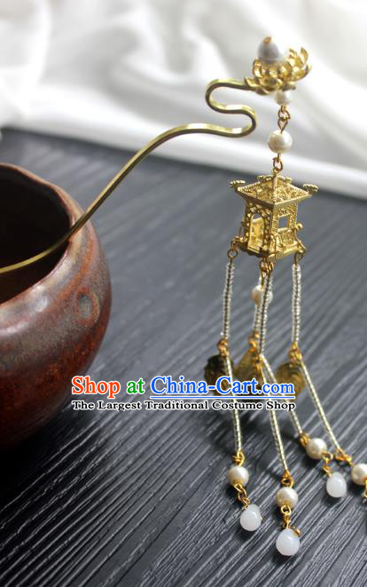 Chinese Classical Beads Tassel Hair Stick Handmade Hanfu Hair Accessories Ancient Ming Dynasty Golden Lotus Hairpins