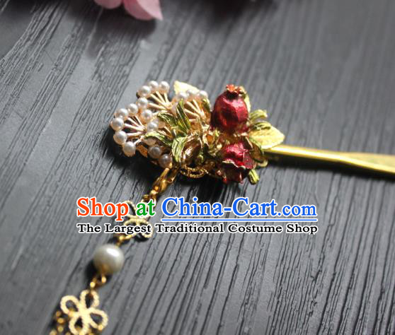 Chinese Classical Golden Leaf Hair Stick Handmade Hanfu Hair Accessories Ancient Ming Dynasty Pomegranate Hairpins