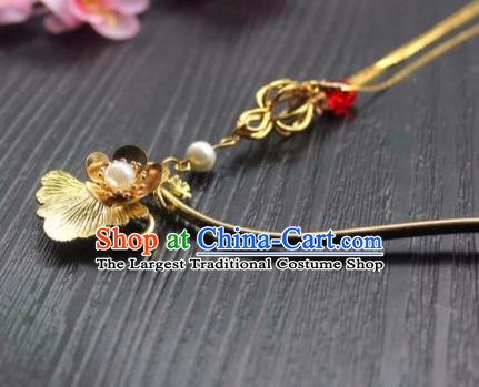 Chinese Classical Ginkgo Leaf Hair Stick Handmade Hanfu Hair Accessories Ancient Jin Dynasty Court Golden Tassel Hairpins