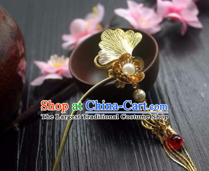 Chinese Classical Ginkgo Leaf Hair Stick Handmade Hanfu Hair Accessories Ancient Jin Dynasty Court Golden Tassel Hairpins