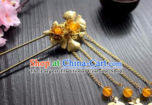 Chinese Classical Hair Stick Handmade Hanfu Hair Accessories Ancient Jin Dynasty Court Golden Ginkgo Leaf Tassel Hairpins