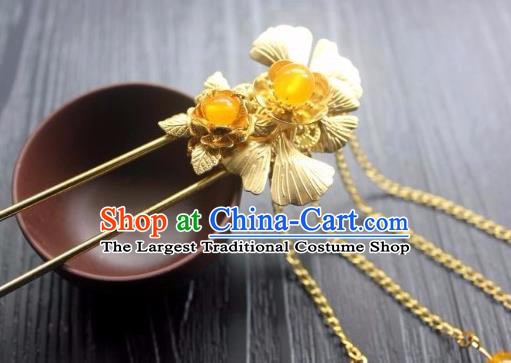 Chinese Classical Hair Stick Handmade Hanfu Hair Accessories Ancient Jin Dynasty Court Golden Ginkgo Leaf Tassel Hairpins