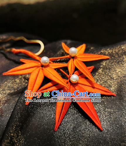 Chinese Classical Red Silk Maple Leaf Hair Stick Handmade Hanfu Hair Accessories Ancient Song Dynasty Court Hairpins