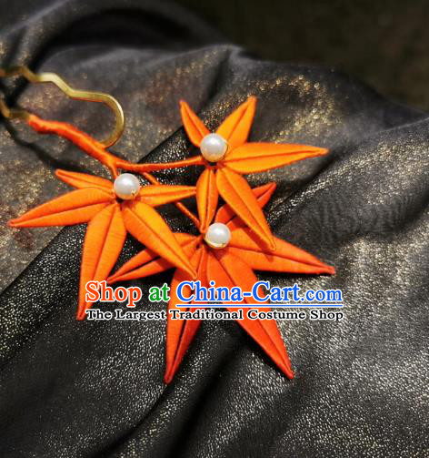Chinese Classical Red Silk Maple Leaf Hair Stick Handmade Hanfu Hair Accessories Ancient Song Dynasty Court Hairpins