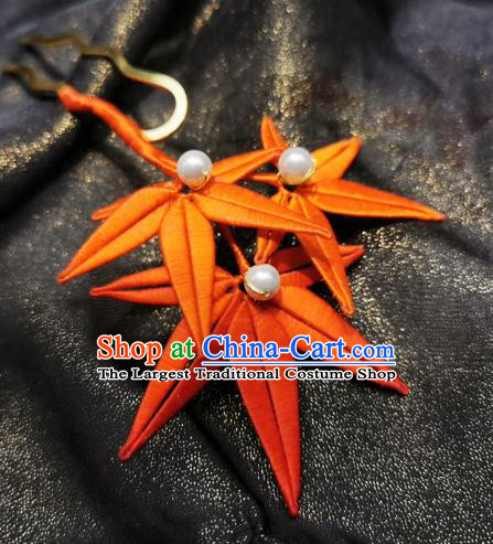Chinese Classical Red Silk Maple Leaf Hair Stick Handmade Hanfu Hair Accessories Ancient Song Dynasty Court Hairpins