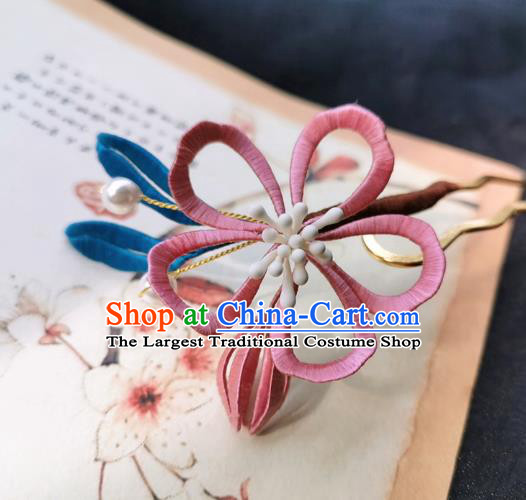 Chinese Classical Pink Silk Flower Hair Stick Handmade Hanfu Hair Accessories Ancient Song Dynasty Court Peach Blossom Hairpins