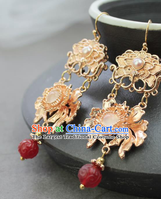 Chinese Handmade Agate Earrings Classical Jewelry Accessories Hanfu Ming Dynasty Princess Golden Lotus Eardrop