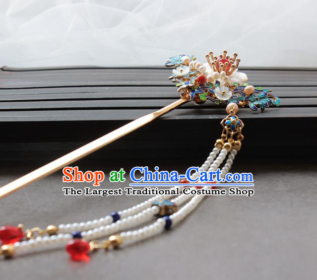 Chinese Classical Court Pearls Tassel Hair Stick Handmade Hanfu Hair Accessories Ancient Ming Dynasty Empress Blueing Hairpins