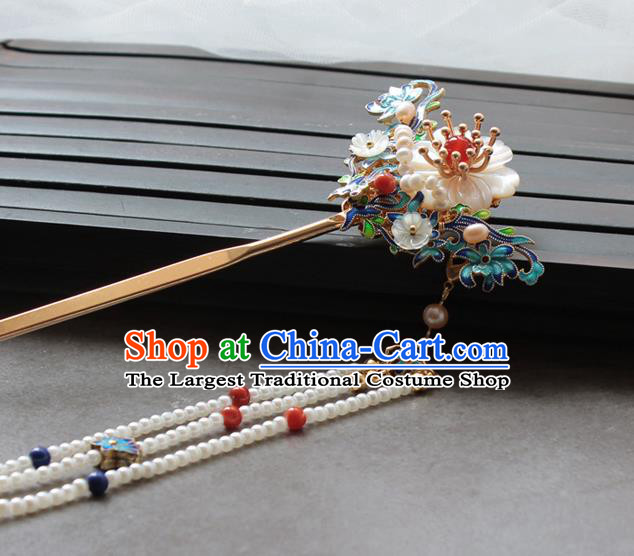 Chinese Classical Court Pearls Tassel Hair Stick Handmade Hanfu Hair Accessories Ancient Ming Dynasty Empress Blueing Hairpins