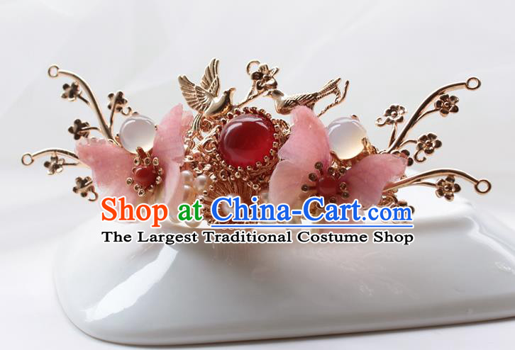Chinese Classical Pink Silk Butterfly Hair Crown Handmade Hanfu Hair Accessories Ancient Ming Dynasty Princess Golden Plum Bird Hairpins