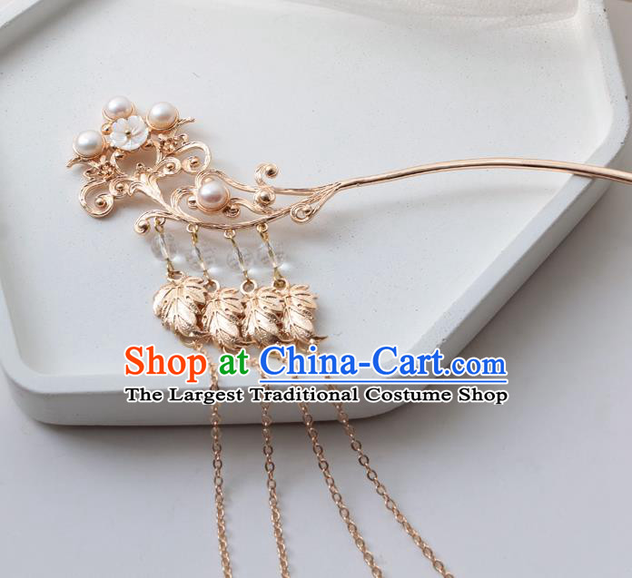 Chinese Classical Pearls Tassel Hair Stick Handmade Hanfu Hair Accessories Ancient Ming Dynasty Princess Golden Hairpins